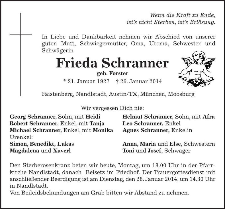 Traueranzeige Frieda Schranner