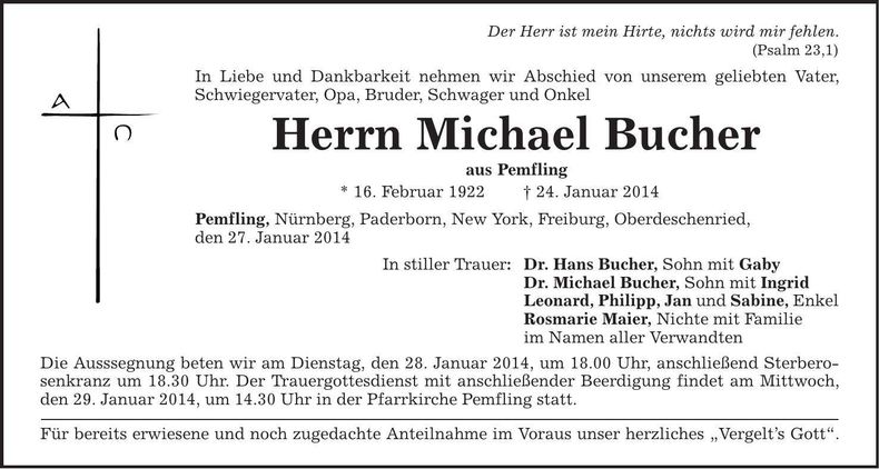 Traueranzeige Michael Bucher