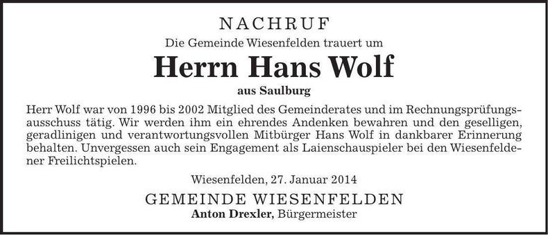 Traueranzeige Hans Wolf