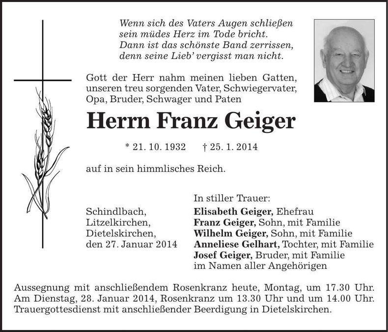 Traueranzeige Franz Geiger