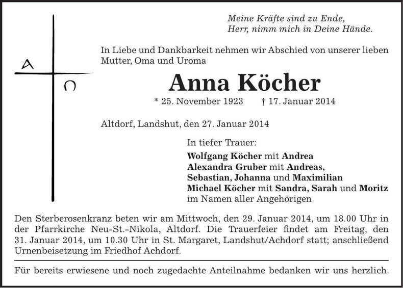 Traueranzeige Anna Köcher