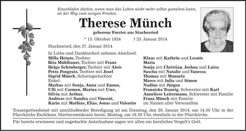 Traueranzeige Therese Münch
