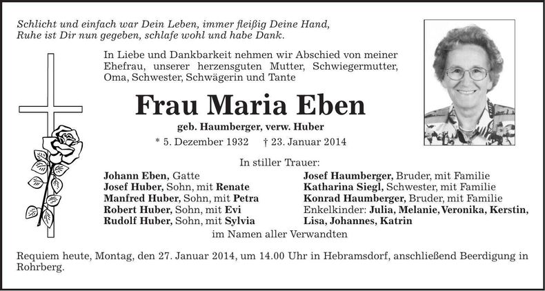 Traueranzeige Maria Eben