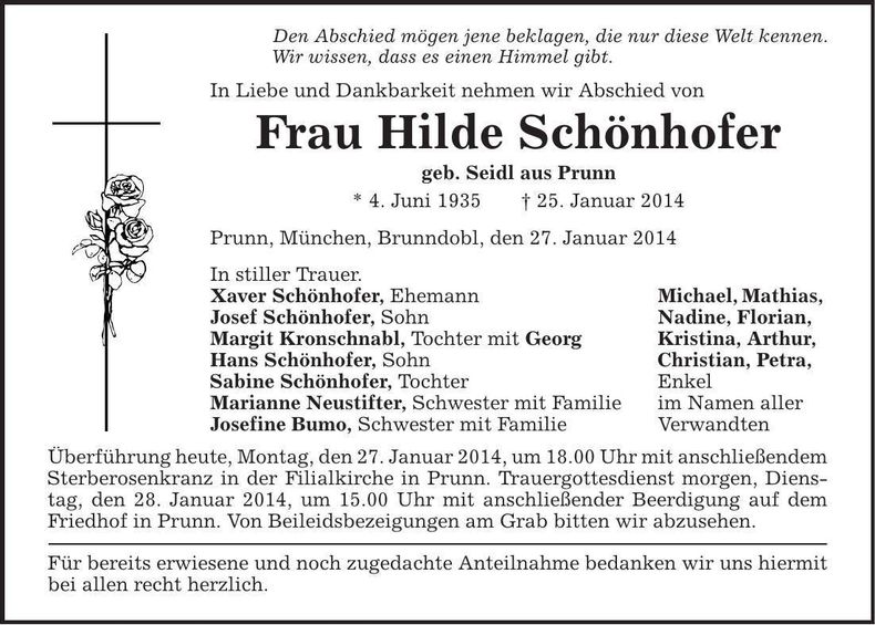 Traueranzeige Hilde Schönhofer