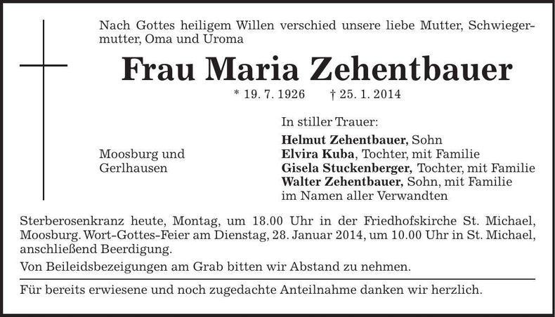 Traueranzeige Maria Zehentbauer