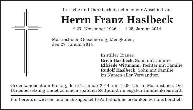Traueranzeige Franz Haslbeck