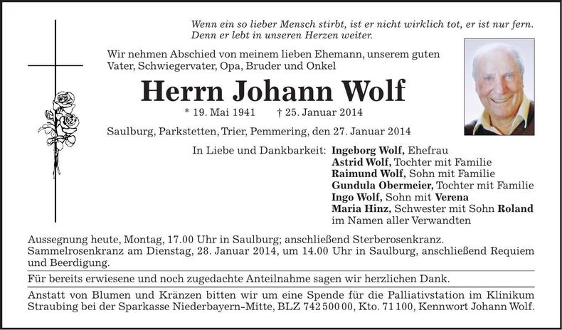 Traueranzeige Johann Wolf