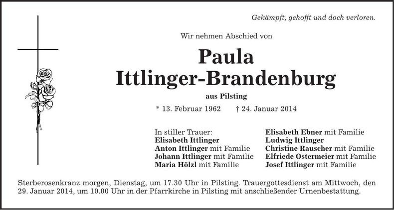Traueranzeige Paula Ittlinger-Brandenburg