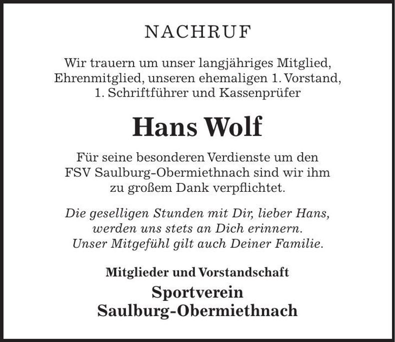 Traueranzeige Johann Wolf