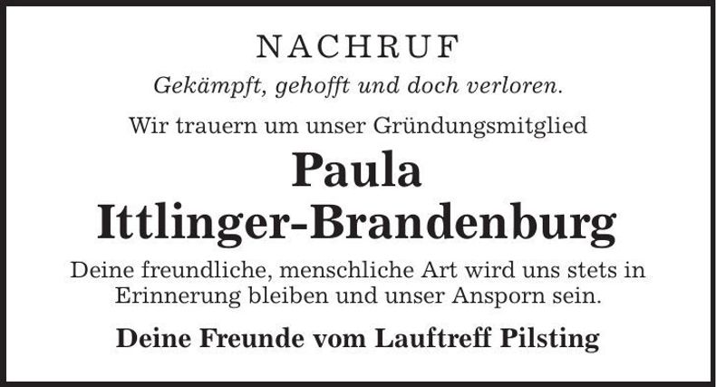 Traueranzeige Paula Ittlinger-Brandenburg
