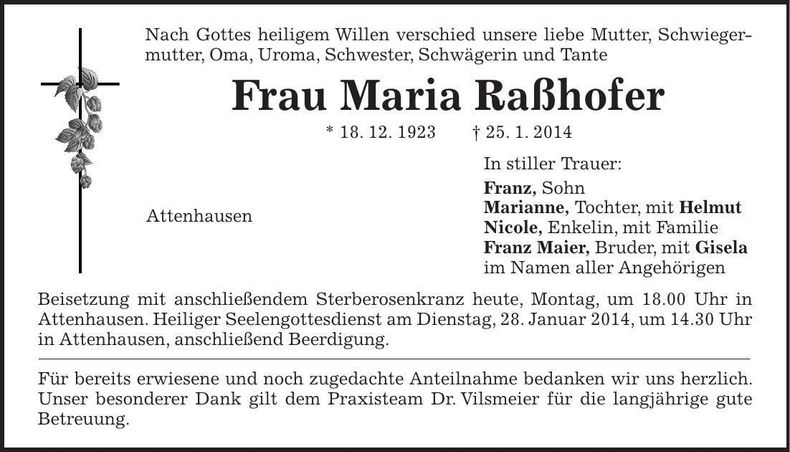 Traueranzeige Maria Raßhofer