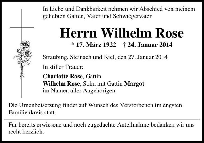 Traueranzeige Wilhelm Rose