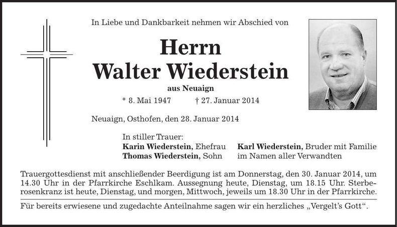 Traueranzeige Walter Wiederstein