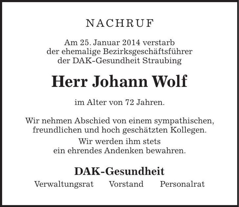 Traueranzeige Johann Wolf