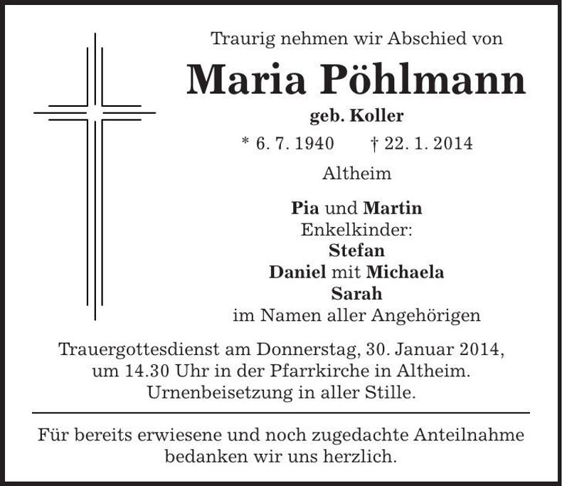 Traueranzeige Maria Pöhlmann