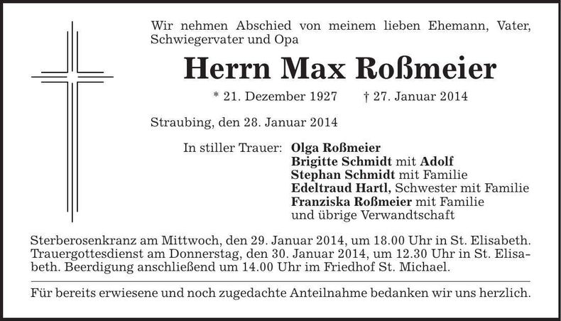 Traueranzeige Max Roßmeier