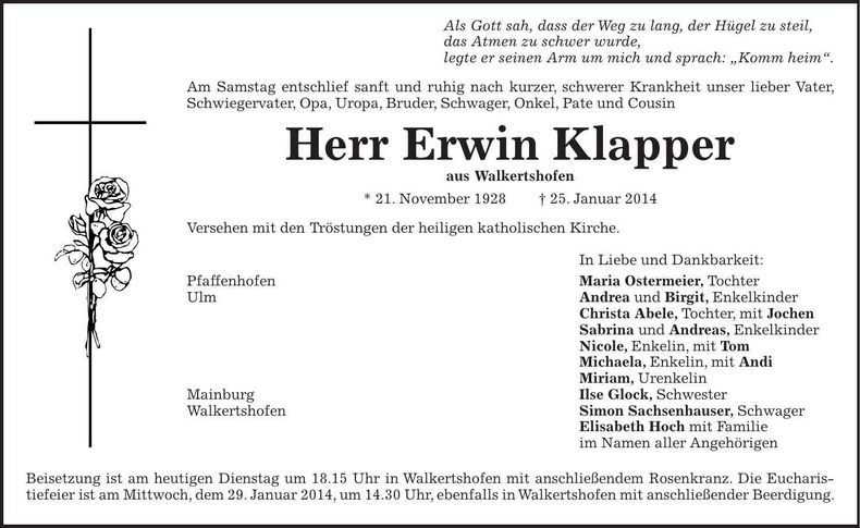 Traueranzeige Erwin Klapper