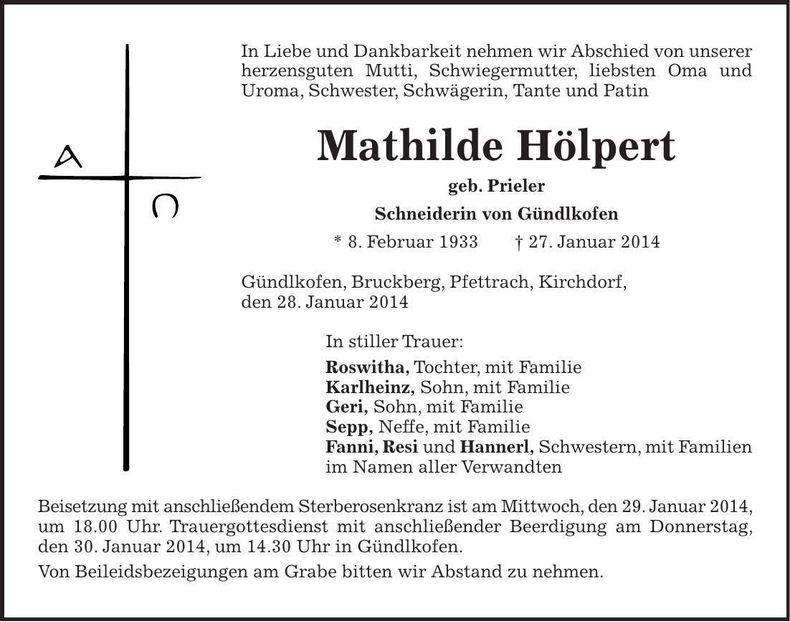 Traueranzeige Mathilde Hölpert