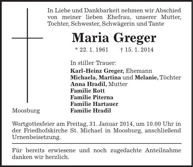 Traueranzeige Maria Greger