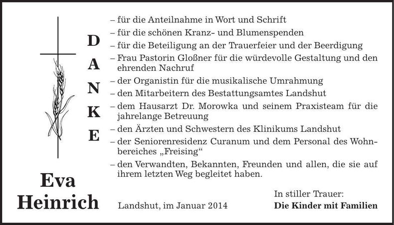 Traueranzeige Eva Heinrich