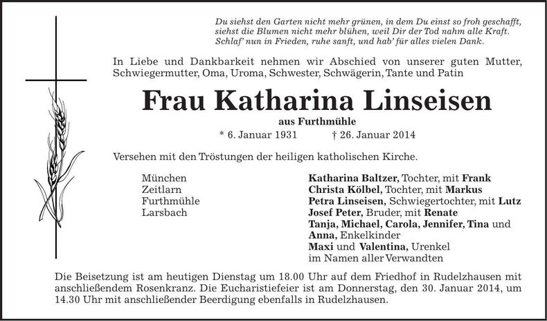 Traueranzeige Katharina Linseisen