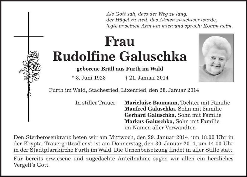 Traueranzeige Rudolfine Galuschka