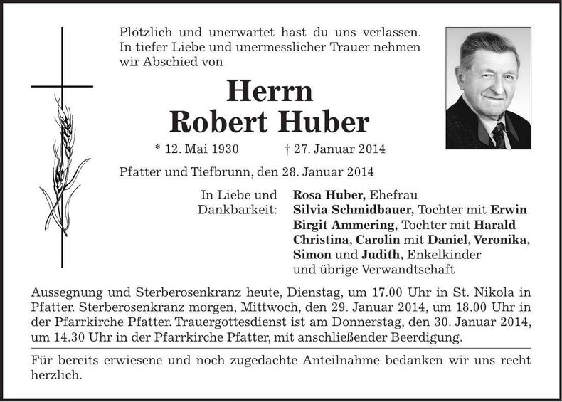 Traueranzeige Robert Huber