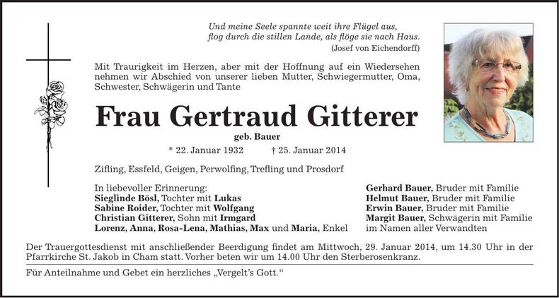 Traueranzeige Gertraud Gitterer