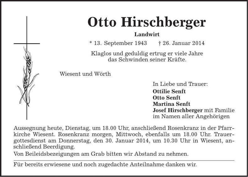 Traueranzeige Otto Hirschberger