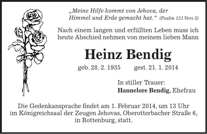 Traueranzeige Heinz Bendig