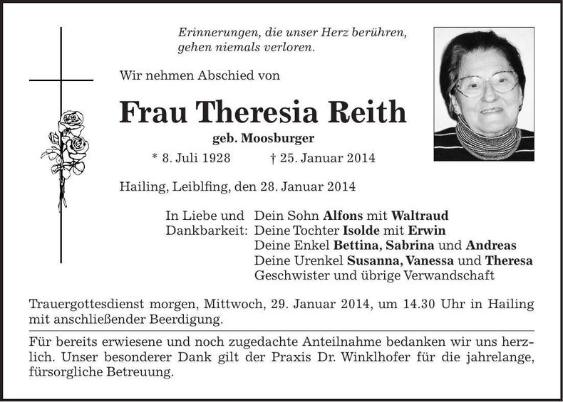 Traueranzeige Theresia Reith