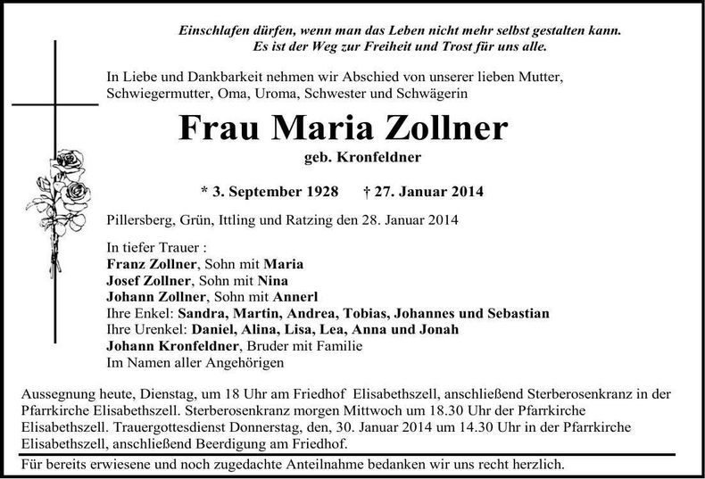 Traueranzeige Maria Zollner
