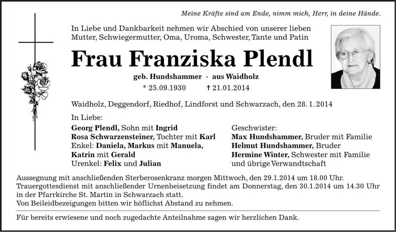 Traueranzeige Franziska Plendl