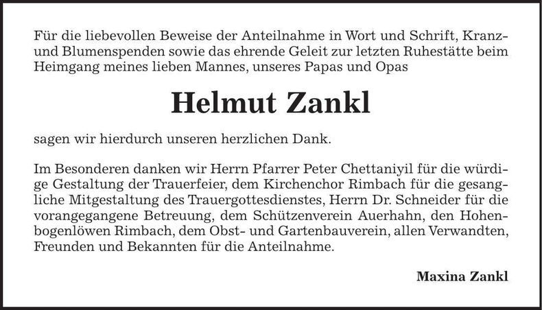 Traueranzeige Helmut Zankl
