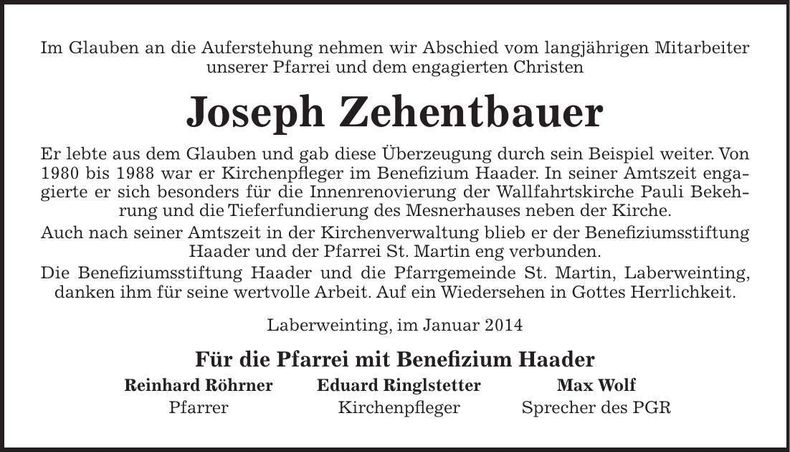 Traueranzeige Joseph Zehentbauer