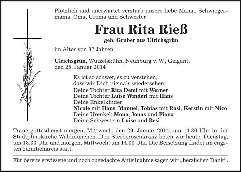 Traueranzeige Rita Rieß