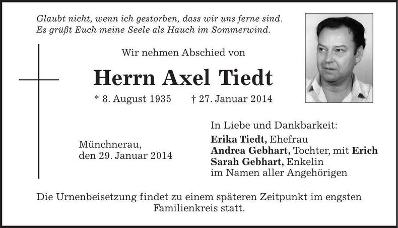 Traueranzeige Axel Tiedt