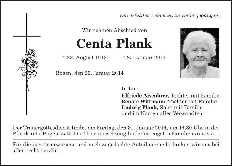 Traueranzeige Centa Plank