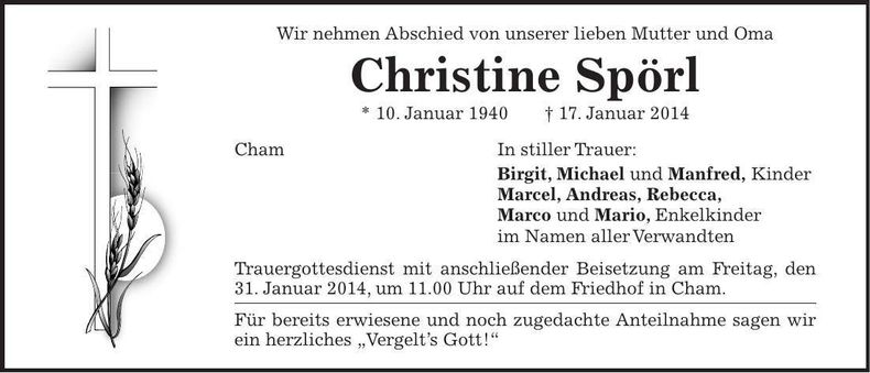 Traueranzeige Christine Spörl
