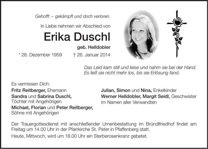 Traueranzeige Erika Duschl