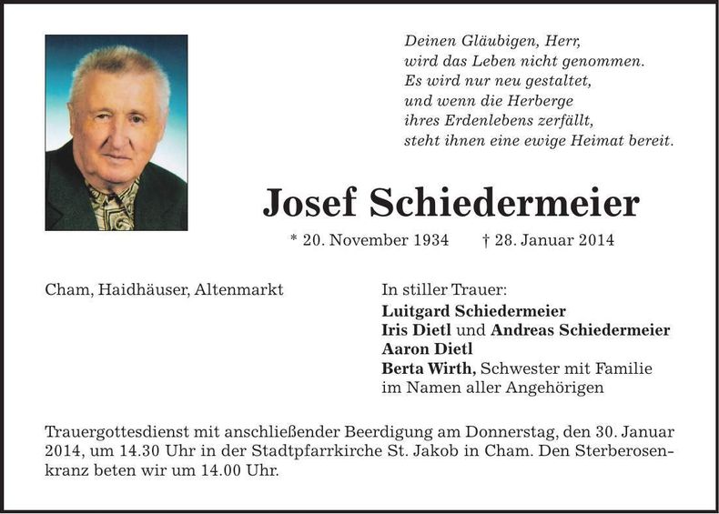 Traueranzeige Josef Schiedermeier