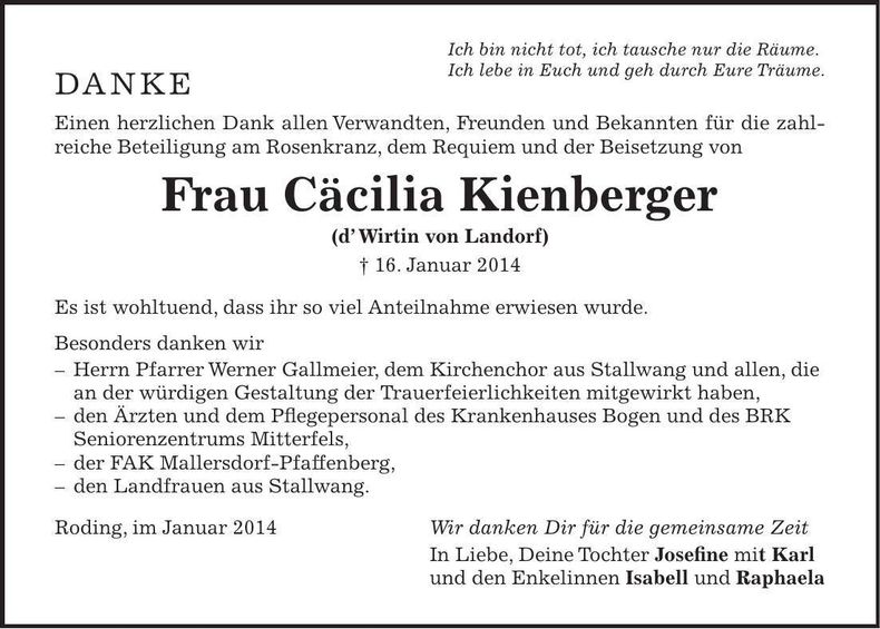 Traueranzeige Cäcilia Kienberger