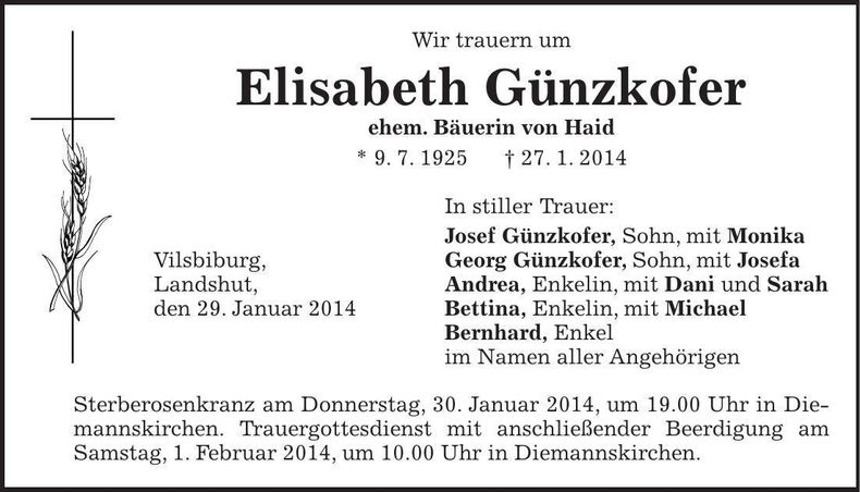 Traueranzeige Elisabeth Günzkofer