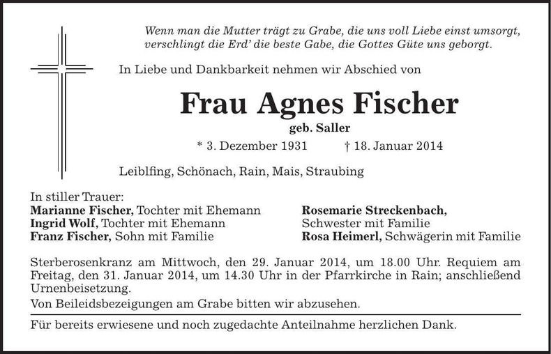 Traueranzeige Agnes Fischer