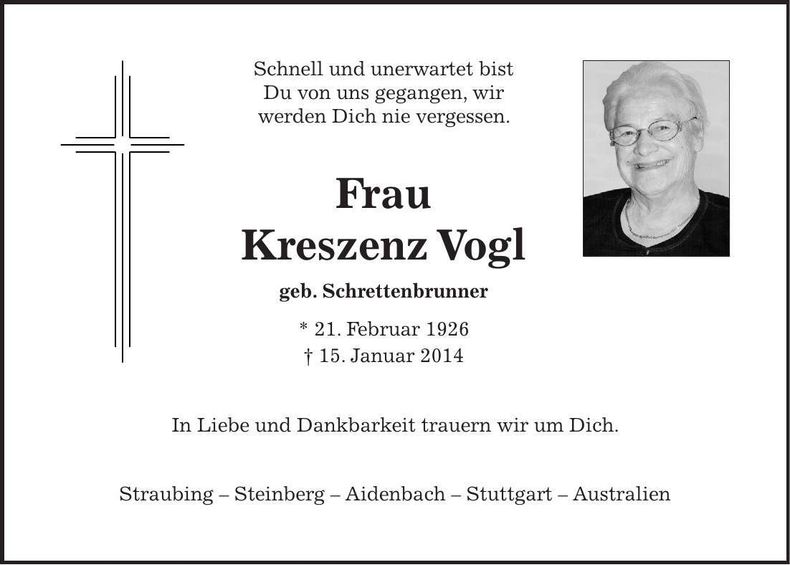 Traueranzeige Kreszenz Vogl