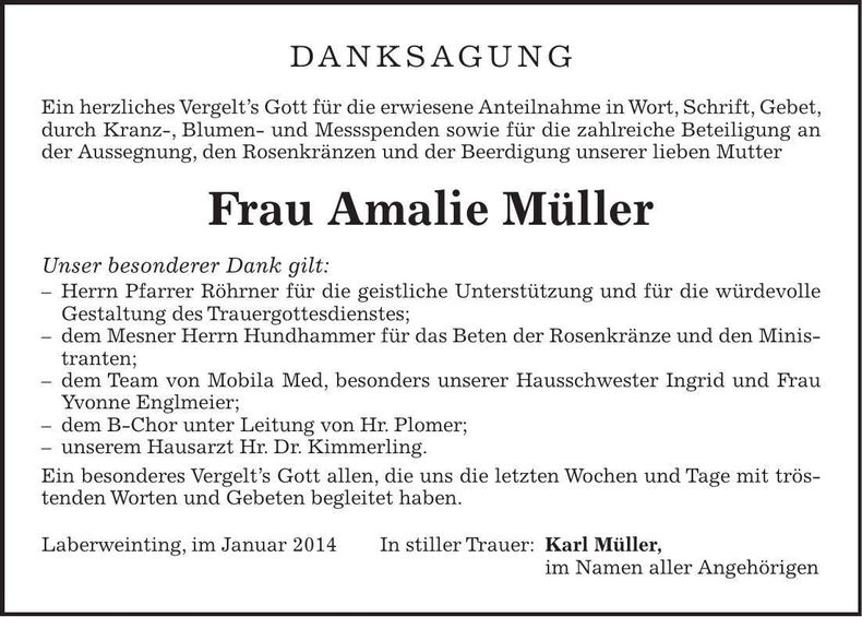 Traueranzeige Amalie Müller
