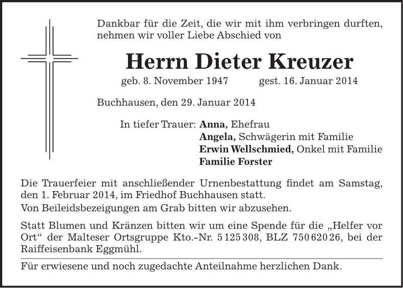 Traueranzeige Dieter Kreuzer