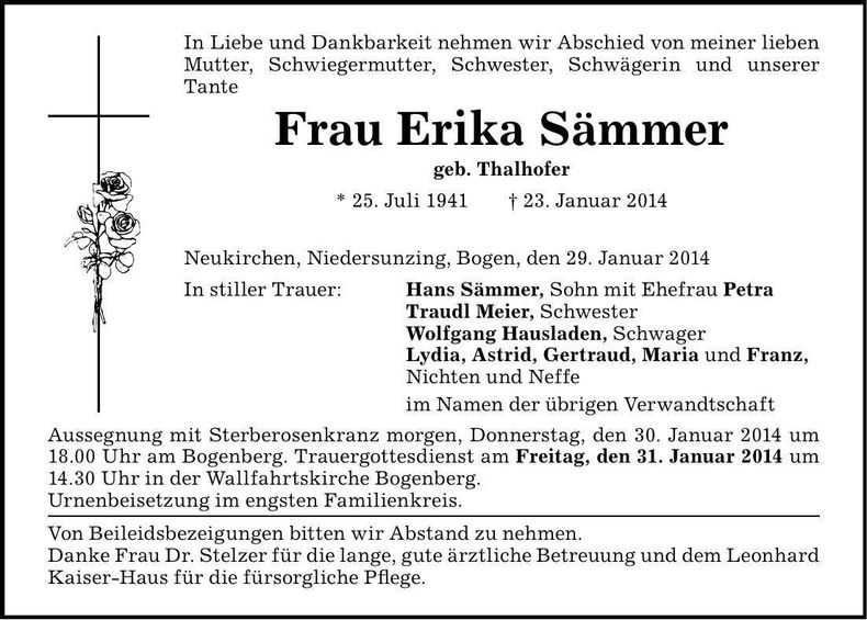 Traueranzeige Erika Sämmer