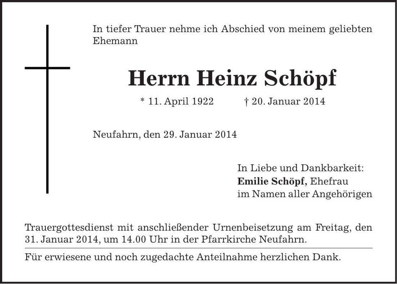 Traueranzeige Heinz Schöpf