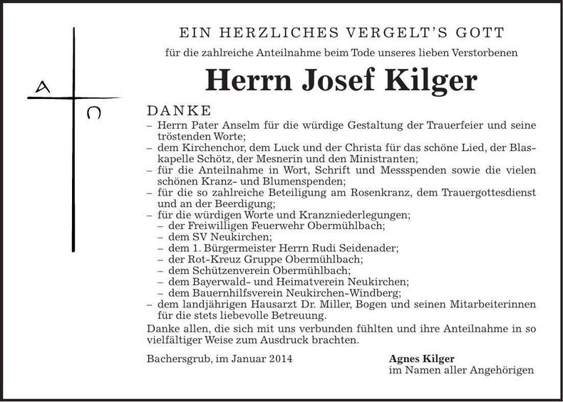 Traueranzeige Josef Kilger